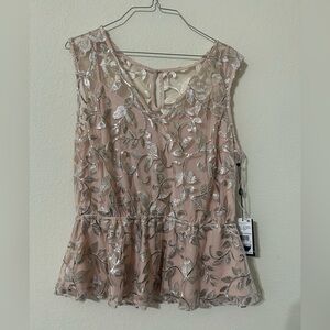 Adrianna Papell Blush Floral Blouse Illusion Top Women's Size 12 Embroidered